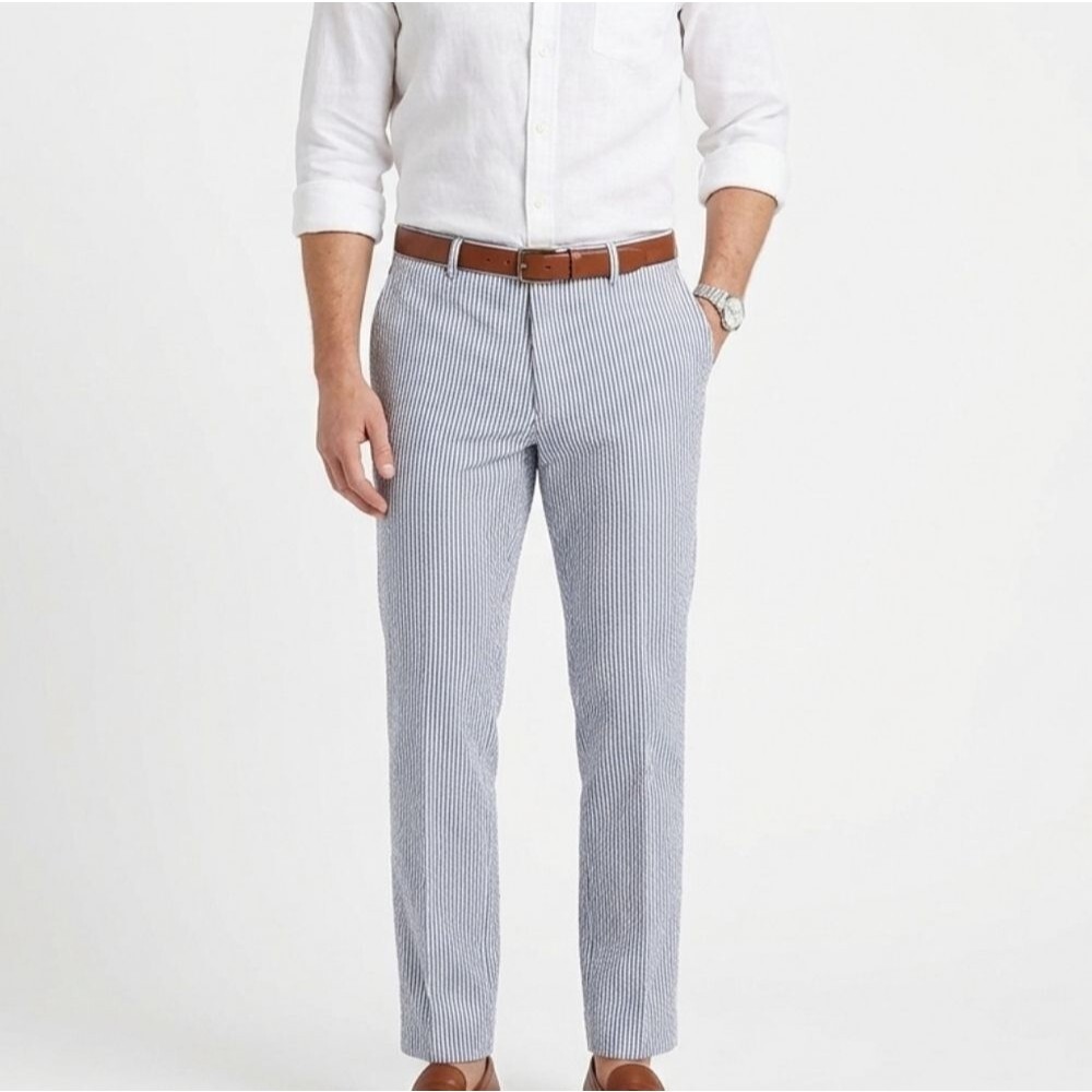 Alan Flusser Seersucker Striped Pants 38 Blue White Cotton Old Money Coastal